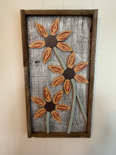 Load image into Gallery viewer, Triple sunflower on century old barnboard frame .
