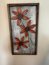 Load image into Gallery viewer, Triple sunflower on century old barnboard frame .
