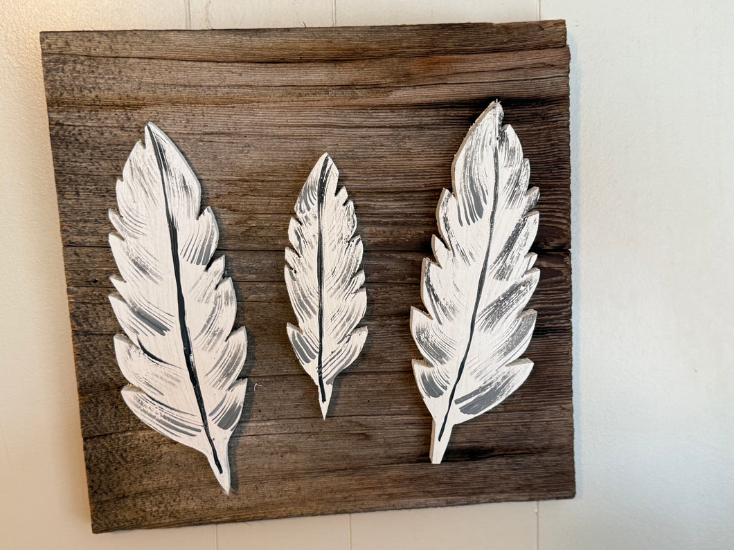 Triple feather on barn board backing .