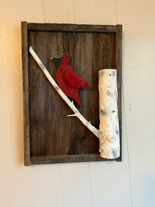 Barn board framed cardinal with branch