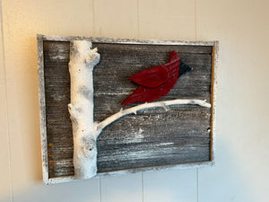 Barn board framed cardinal with branch