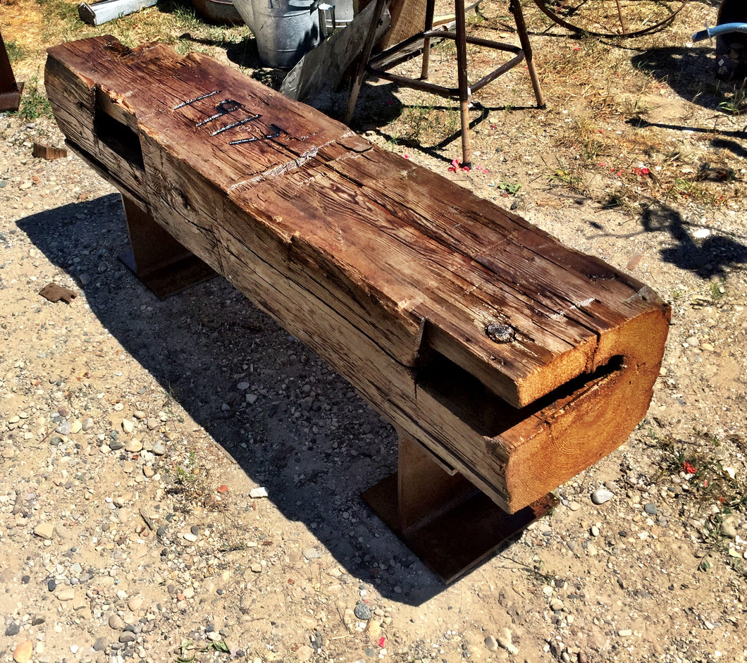 Large indoor outdoor century old hand hewn barn beam bench